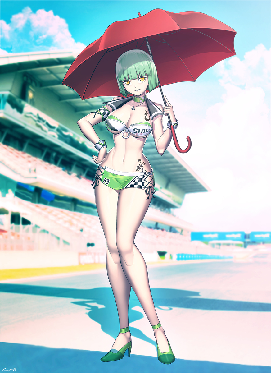 1girl alternate_costume alternate_hairstyle anklet bleachers blue_sky breasts checkered checkered_neckwear clouds commission cowboy_shot eyebrows eyebrows_visible_through_hair genzoman green_footwear green_hair hand_on_hip high_heels highres hikage_(senran_kagura) jewelry large_breasts navel racequeen racetrack red_umbrella senran_kagura shadow short_hair sky smile solo stadium tagme tattoo thighs umbrella yellow_eyes