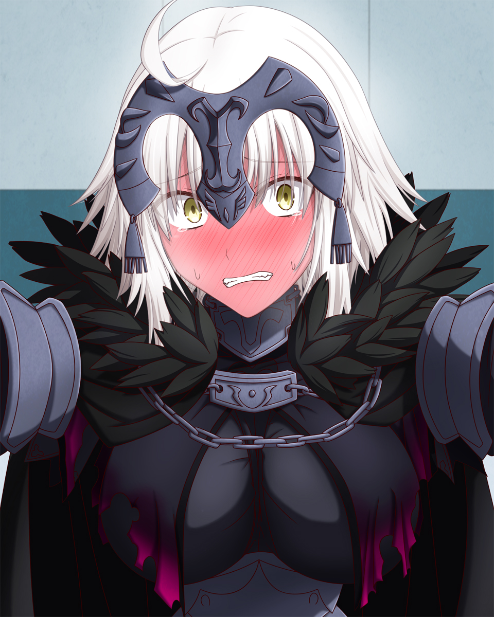 1girl ahoge blonde_hair blush breasts clenched_teeth fate/grand_order fate_(series) feather_trim feathered_cape full-face_blush hasebe_akira headpiece highres jeanne_d'arc_(alter)_(fate) jeanne_d'arc_(fate)_(all) looking_at_viewer medium_breasts solo sweatdrop tearing_up teeth wall_slam yellow_eyes