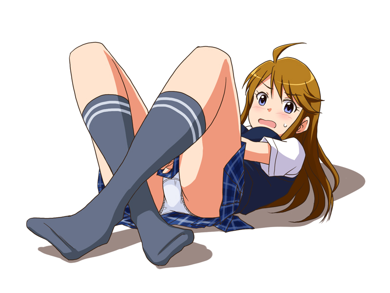 1girl ahoge bangs black_sweater blue_skirt blush commentary_request crossed_ankles crotch_seam double_horizontal_stripe dress_shirt embarrassed eyebrows_visible_through_hair frown grey_legwear idolmaster idolmaster_million_live! lielos long_hair looking_at_viewer lying miniskirt no_shoes on_back panties pantyshot partial_commentary pleated_skirt school_uniform shadow shirt short_sleeves simple_background skirt skirt_tug socks solo sweater sweater_vest tokoro_megumi underwear white_background white_panties white_shirt