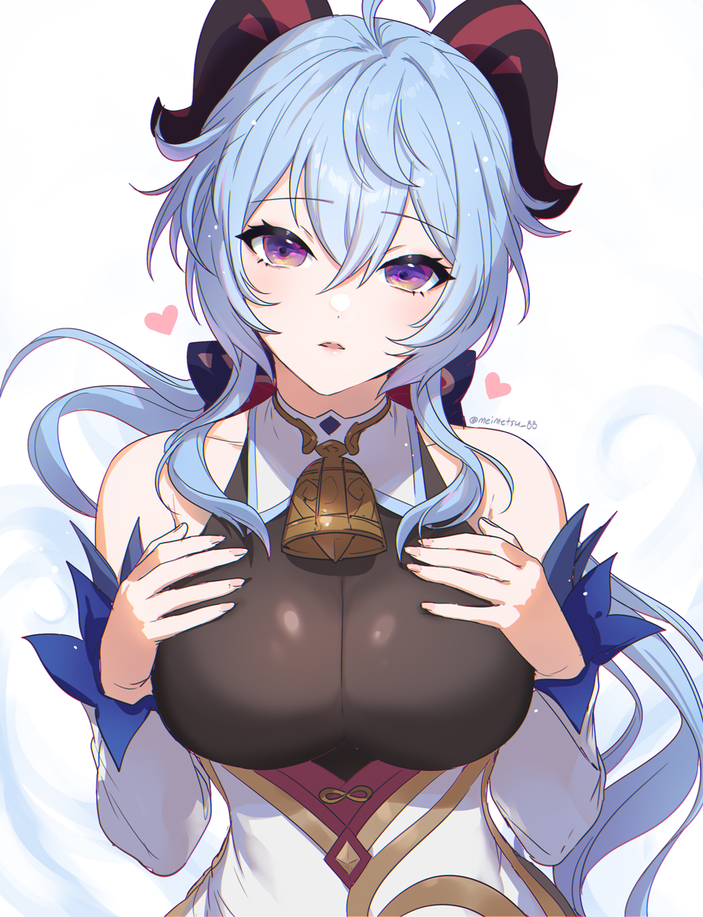 1girl ahoge bangs bare_shoulders bell black_bodysuit blue_hair bodysuit breasts clearpage curled_horns detached_sleeves eyebrows_visible_through_hair ganyu_(genshin_impact) genshin_impact goat_horns hair_between_eyes hands_up heart highres horns long_hair looking_at_viewer medium_breasts neck_bell parted_lips solo twitter_username upper_body very_long_hair violet_eyes