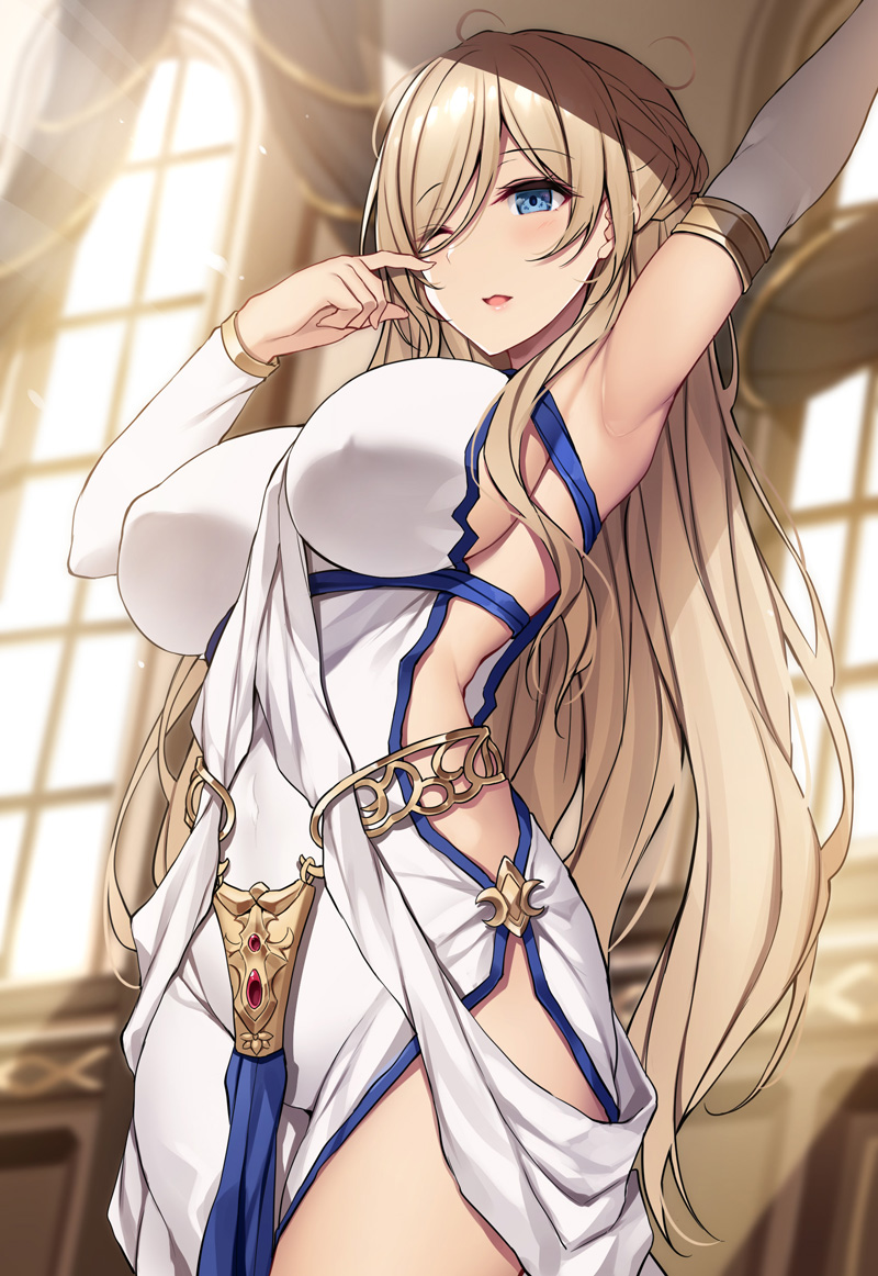 1girl arm_up armpits blonde_hair blue_eyes breasts covered_nipples detached_sleeves dress duplicate elbow_gloves finger_to_face gloves goblin_slayer! large_breasts one_eye_closed pixel-perfect_duplicate side_cutout side_slit skindentation solo sword_maiden xe_(execut3r)