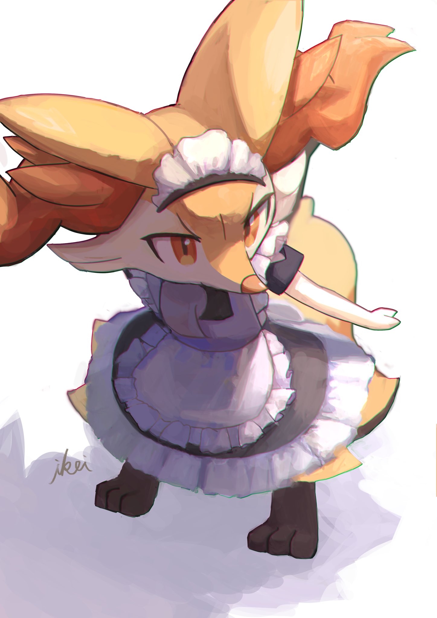 animal_ear_fluff animal_ears apron black_dress braixen dress fox_ears fox_tail frilled_dress frills full_body furry gen_6_pokemon highres ikei looking_ahead maid maid_headdress orange_eyes outstretched_arms pokemon pokemon_(creature) red_nose short_sleeves signature simple_background slit_pupils solo standing tail tsurime v-shaped_eyebrows white_apron white_background