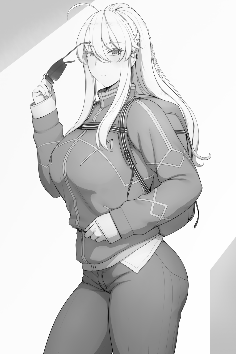 1girl alternate_costume artoria_pendragon_(fate) artoria_pendragon_(lancer)_(fate) backpack bag braid breasts cowboy_shot fate/grand_order fate/stay_night fate_(series) greyscale gym_pants highres jacket large_breasts long_hair looking_at_viewer lvl_(sentrythe2310) monochrome simple_background solo sunglasses track_jacket white_background
