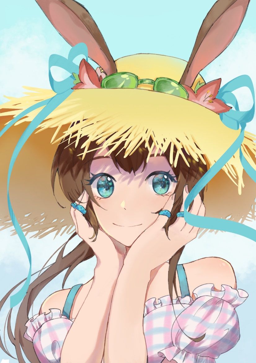 1girl amiya_(arknights) animal_ears arknights blue_background blue_eyes blue_ribbon brown_hair commentary ears_through_headwear gou_gou_zi hands_on_own_face hat long_hair looking_at_viewer official_alternate_costume portrait rabbit_ears ribbon smile solo sun_hat sunglasses swimsuit tinted_eyewear yellow_headwear