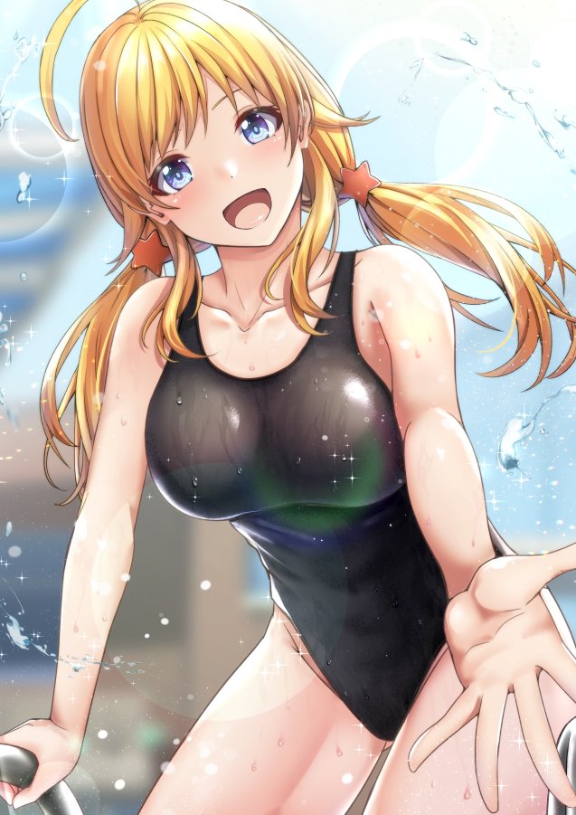 1girl ahoge black_swimsuit blonde_hair blue_eyes blurry blurry_background breasts commentary_request competition_swimsuit cowboy_shot hachimiya_meguru idolmaster idolmaster_shiny_colors large_breasts looking_at_viewer low_twintails one-piece_swimsuit shohei_(piranha5hk) smile solo splashing swimsuit twintails water