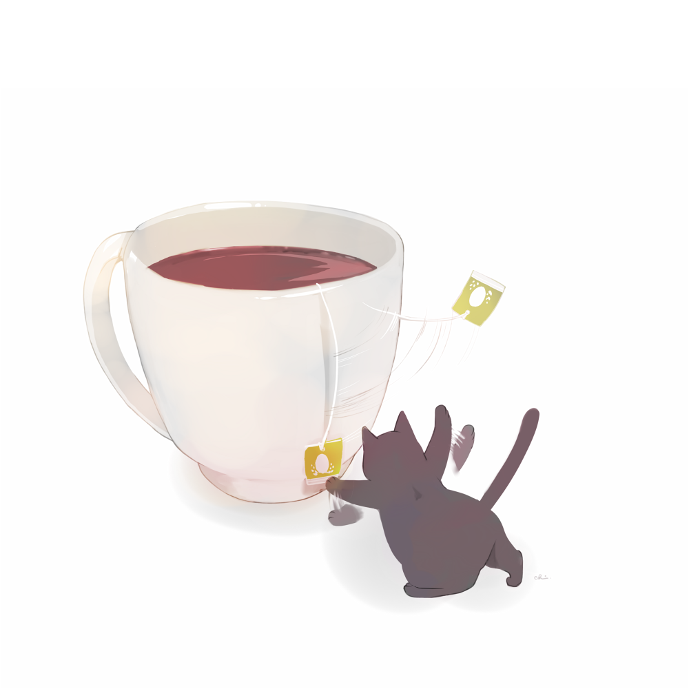 black_cat cat chai cup drink from_behind full_body leg_up no_humans original signature simple_background solo tail_raised tea teabag teacup waving waving_arms white_background