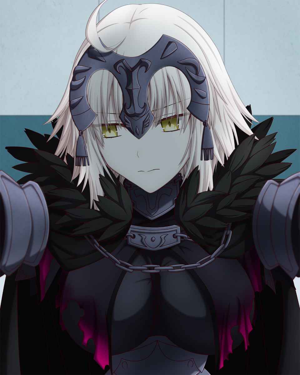 1girl blonde_hair breasts cape chain fate/grand_order fate_(series) feather_trim hasebe_akira headpiece highres jeanne_d'arc_(alter)_(fate) jeanne_d'arc_(fate)_(all) looking_to_the_side medium_breasts short_hair solo upper_body wall_slam yellow_eyes
