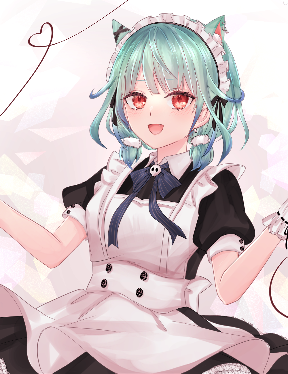 1girl :d ahoge alternate_costume animal_ears apron aqua_hair blue_hair blush cat_ears collared_shirt colored_tips ear_piercing enmaided extra_ears fang heart heart_of_string highres hololive kikuha_kobeni looking_at_viewer low_twintails maid maid_apron maid_headdress medium_hair open_mouth piercing puffy_short_sleeves puffy_sleeves red_eyes shirt short_sleeves short_twintails smile solo twintails uruha_rushia virtual_youtuber white_apron wrist_cuffs