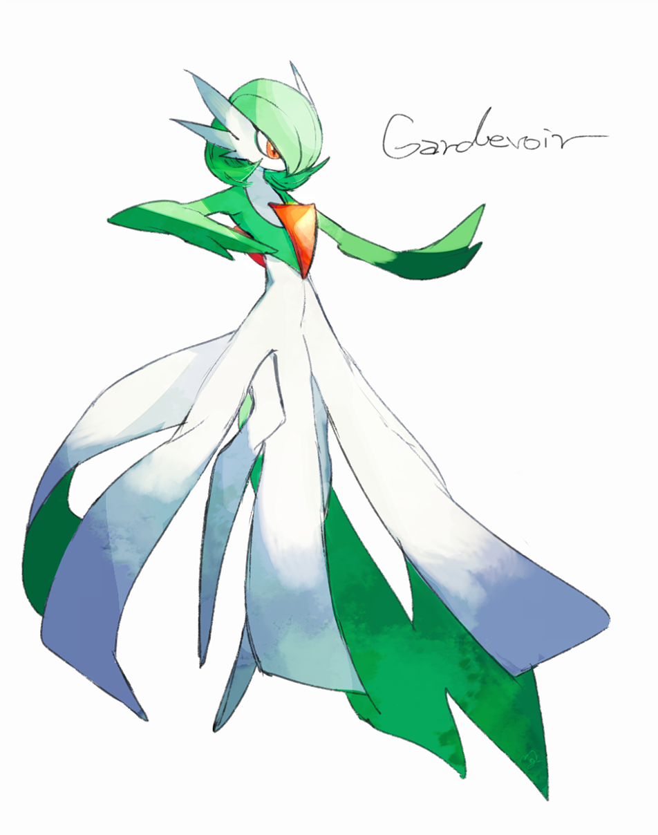 character_name colored_skin commentary_request full_body gardevoir gen_3_pokemon hand_up highres looking_down ngr_(nnn204204) orange_eyes outstretched_arm pokemon pokemon_(creature) simple_background solo white_background white_skin