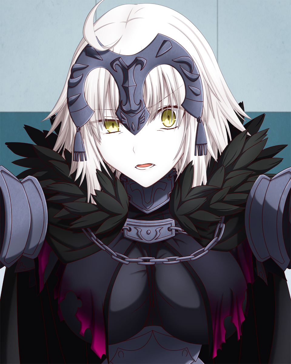 1girl black_cape blonde_hair breasts cape fate/grand_order fate_(series) feather_trim feathered_cape hasebe_akira highres jeanne_d'arc_(alter)_(fate) jeanne_d'arc_(fate)_(all) looking_at_viewer medium_breasts parted_lips raised_eyebrow short_hair solo teeth tongue upper_body wall_slam yellow_eyes
