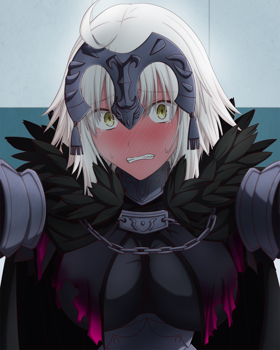 1girl ahoge black_cape blonde_hair blush breasts cape chain clenched_teeth embarrassed fate/grand_order fate_(series) feather_trim full-face_blush highres jeanne_d'arc_(alter)_(fate) jeanne_d'arc_(fate)_(all) looking_at_viewer medium_breasts solo sweatdrop tearing_up teeth wall_slam yellow_eyes