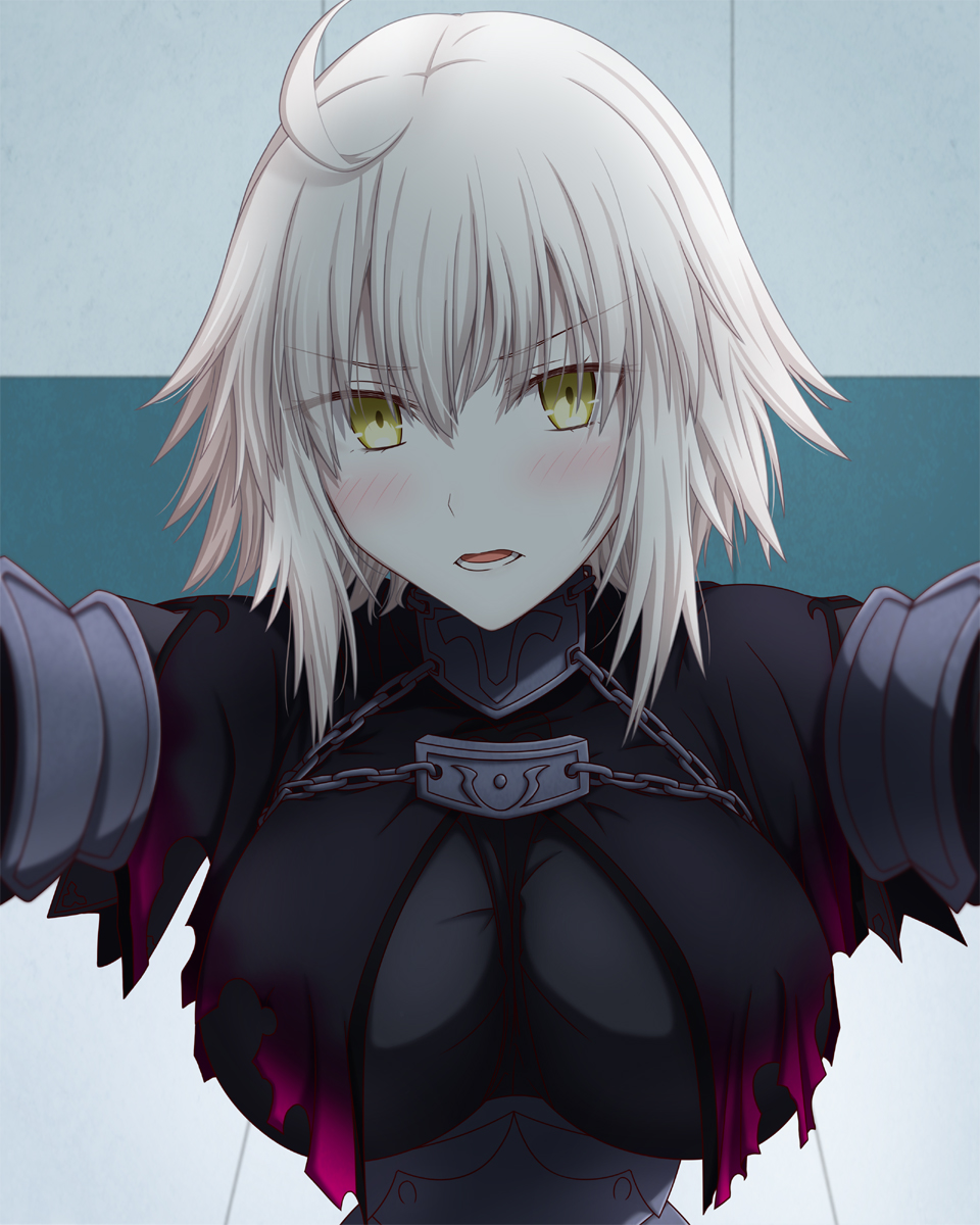 1girl ahoge blonde_hair blush breasts cape fate/grand_order fate_(series) feather_trim feathers hasebe_akira highres jeanne_d'arc_(alter)_(fate) jeanne_d'arc_(fate)_(all) looking_at_viewer medium_breasts parted_lips short_hair solo upper_body wall_slam yellow_eyes