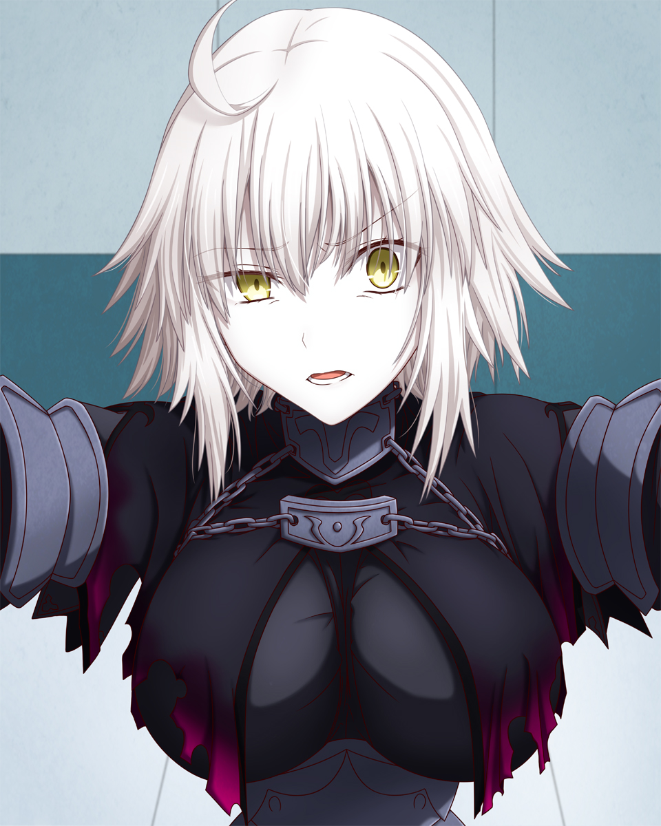 1girl ahoge blonde_hair breasts chain fate/grand_order fate_(series) hair_between_eyes hasebe_akira highres jeanne_d'arc_(alter)_(fate) jeanne_d'arc_(fate)_(all) looking_at_viewer medium_breasts open_mouth parted_lips raised_eyebrow short_hair solo torn_capelet upper_body wall_slam yellow_eyes
