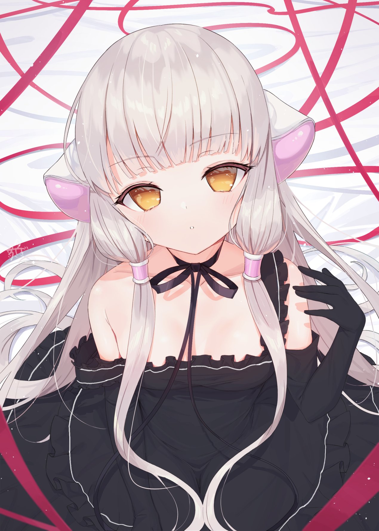1girl bangs bare_shoulders bed_sheet black_choker black_dress breasts brown_eyes chii chobits choker clamp_(style) commentary_request dress elbow_gloves eyebrows_visible_through_hair frilled_dress frills gloves grey_hair hand_up highres long_hair looking_at_viewer parted_lips ribbon_choker robot_ears sleeveless sleeveless_dress small_breasts solo strap_slip tsukiman very_long_hair white_gloves