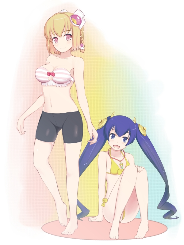 ar_tonelico ar_tonelico_iii barefoot battlegaregga bike_shorts blonde_hair braid breasts closed_mouth cocona_vatel feet hair_ornament long_hair looking_at_viewer multiple_girls navel open_mouth pink_eyes purple_hair saki_(ar_tonelico) short_hair smile swimsuit twintails violet_eyes
