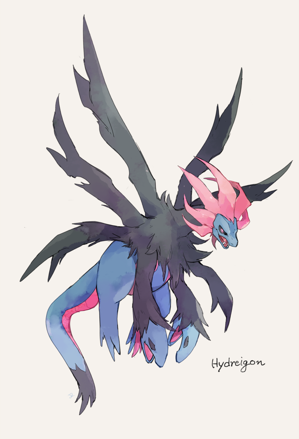 black_sclera character_name colored_sclera commentary_request fangs full_body gen_5_pokemon highres hydreigon multiple_heads ngr_(nnn204204) no_humans open_mouth pink_eyes pokemon pokemon_(creature) simple_background solo tongue white_background