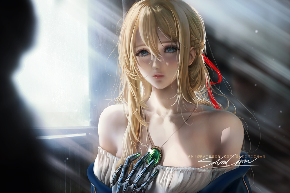 1girl bangs banned_artist bare_shoulders blonde_hair blue_eyes braid collarbone french_braid hair_between_eyes hair_ribbon jewelry long_hair off-shoulder_shirt off_shoulder parted_lips pendant prosthetic_hand red_ribbon ribbon sakimichan shirt signature solo sunlight upper_body violet_evergarden violet_evergarden_(series) watermark white_shirt