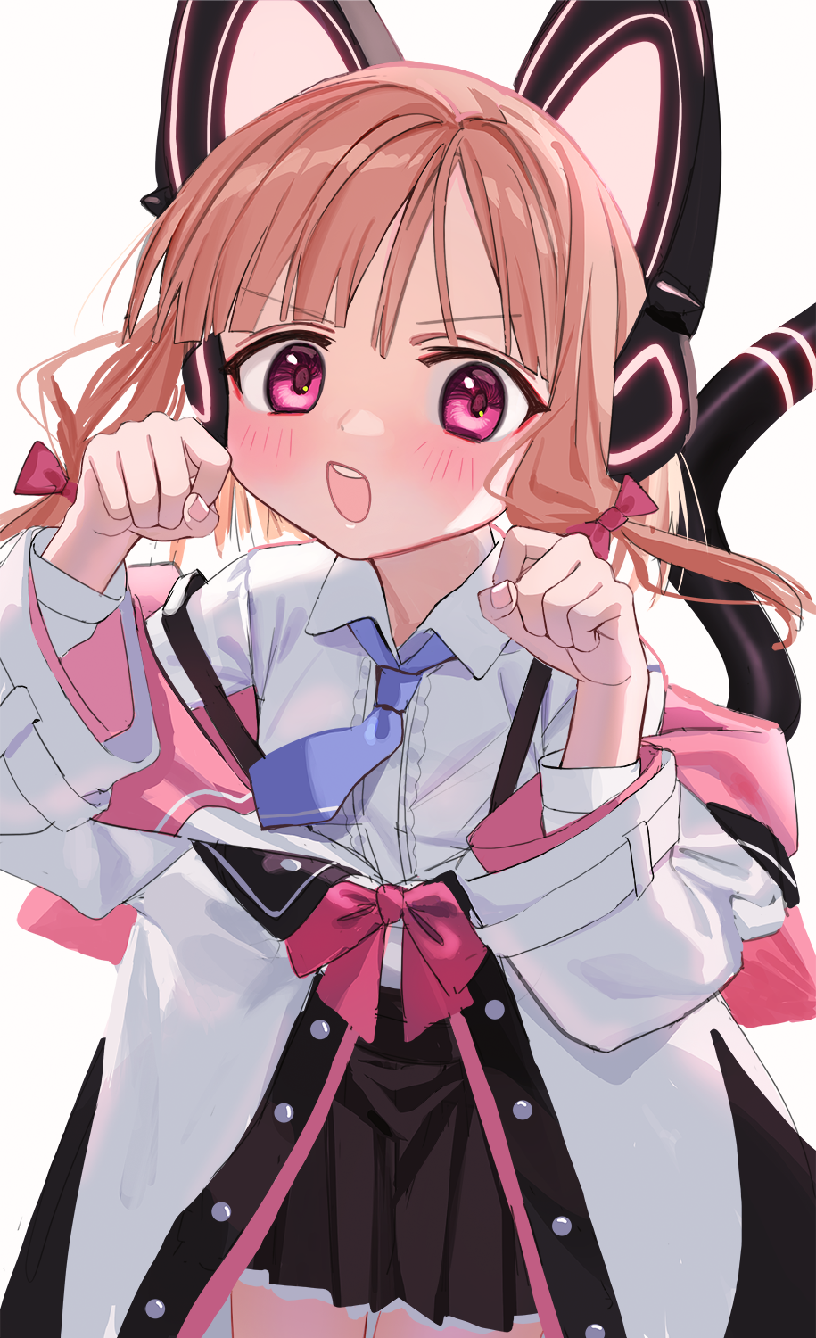 1girl animal_ears black_skirt blush brown_hair cat_ear_headphones cat_ears collared_shirt cowboy_shot hands_up headphones highres jacket looking_at_viewer luicent miniskirt necktie open_clothes open_jacket open_mouth paw_pose pink_eyes pleated_skirt purple_neckwear sanpaku shirt short_necktie simple_background skirt solo tail tareme white_background white_jacket white_shirt wing_collar