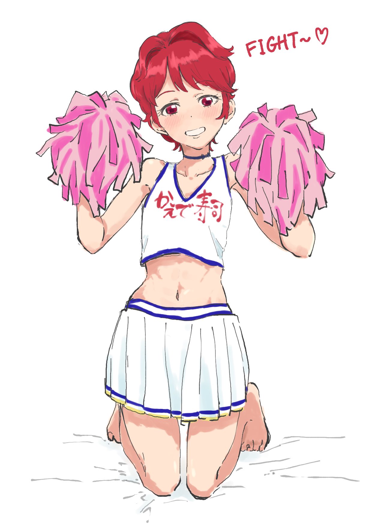 barefoot blue_choker blush cheerleader choker copyright_request crop_top dot_nose grin head_tilt highres holding holding_pom_poms kneeling looking_at_viewer midriff miniskirt navel osame pleated_skirt pom_pom_(cheerleading) red_eyes redhead short_hair simple_background skirt smile stomach white_background white_skirt