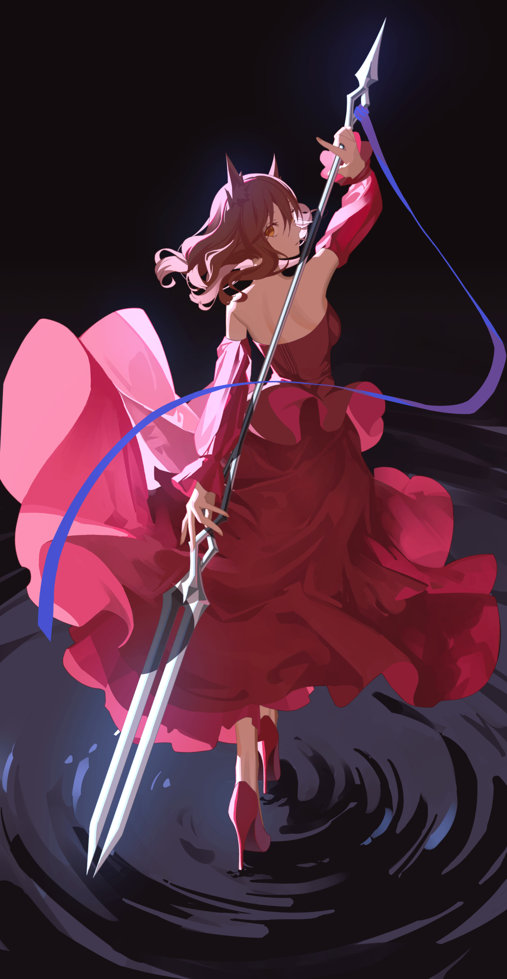 1girl animal_ear_fluff animal_ears bangs black_background blue_ribbon brown_hair commentary_request detached_sleeves dress fox_ears from_behind full_body high_heels highres holding holding_polearm holding_weapon long_hair looking_at_viewer looking_back original parted_lips polearm red_dress red_footwear red_sleeves ribbon ripples solo stadium strapless strapless_dress tsuki-shigure water weapon