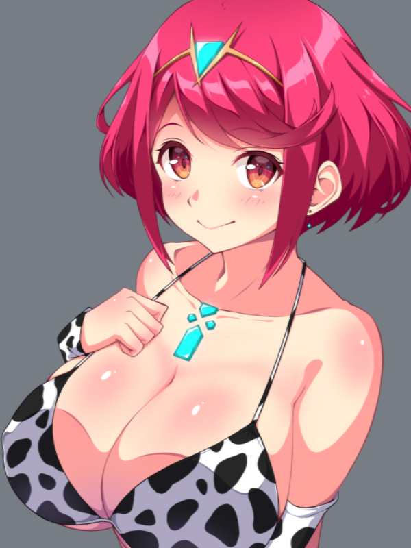 1girl alternate_costume animal_print bangs breasts chest_jewel covered_nipples cow_print f_1chan large_breasts pyra_(xenoblade) red_eyes redhead short_hair solo swept_bangs xenoblade_chronicles_(series) xenoblade_chronicles_2