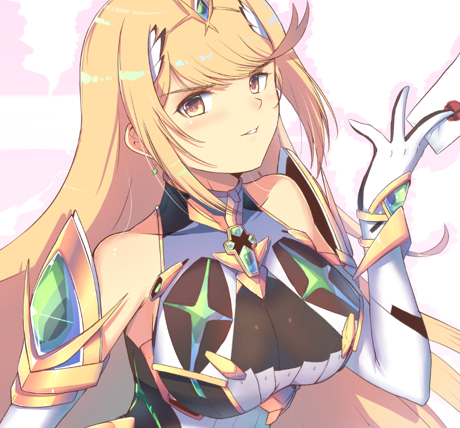 1girl bangs bare_shoulders blonde_hair breasts cat_with_a_brush chest_jewel cleavage_cutout clothing_cutout dress earrings elbow_gloves gloves jewelry large_breasts long_hair mythra_(massive_melee)_(xenoblade) mythra_(xenoblade) smash_invitation super_smash_bros. xenoblade_chronicles_(series) xenoblade_chronicles_2