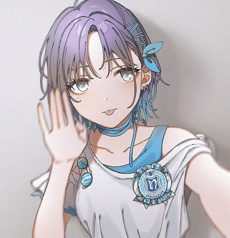 1girl :p ahoge asakura_tooru asymmetrical_sleeves bangs blue_hair blurry clothes_pull collarbone earrings expressionless gradient_hair grey_background hand_up idol idolmaster idolmaster_shiny_colors iwawa jewelry looking_at_viewer multicolored_hair noctchill_(idolmaster) parted_bangs purple_hair selfie shirt_pull short_hair simple_background solo tongue tongue_out upper_body