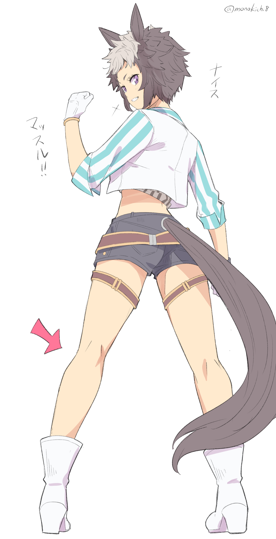 1girl animal_ears arrow_(symbol) black_shorts boots brown_hair clenched_hand clenched_teeth commentary_request from_behind full_body gloves highres horse_ears horse_girl horse_tail kichihachi legs looking_at_viewer looking_back mejiro_ryan_(umamusume) multicolored_hair shirt short_hair shorts smile solo standing striped striped_shirt tail teeth twitter_username two-tone_hair umamusume vertical-striped_shirt vertical_stripes violet_eyes white_footwear white_gloves white_hair white_shirt
