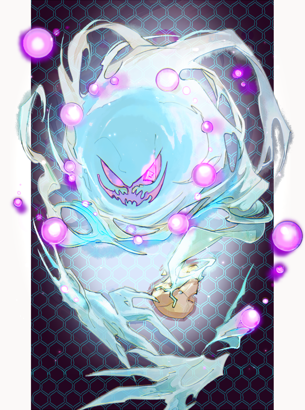 alternate_color commentary_request energy gen_4_pokemon glowing highres looking_at_viewer ngr_(nnn204204) no_humans outside_border pillarboxed pokemon pokemon_(creature) shiny_pokemon solo spiritomb stone violet_eyes