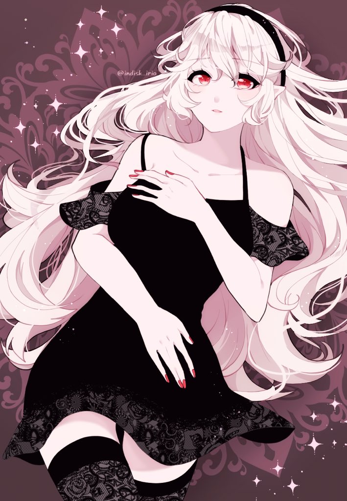1girl alternate_costume bangs bare_shoulders black_dress black_hairband black_legwear breasts collarbone commentary_request corrin_(fire_emblem) corrin_(fire_emblem)_(female) dress eyebrows_visible_through_hair fingernails fire_emblem fire_emblem_fates hair_between_eyes hairband indisk_irio lips long_hair looking_at_viewer lying manakete medium_breasts nail_polish pale_skin parted_lips pink_lips pointy_ears red_eyes red_nails sidelocks sleeveless sleeveless_dress solo thigh-highs twitter_username very_long_hair white_hair