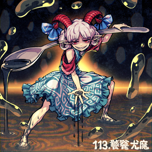 1girl bangs black_background blue_dress blue_ribbon commentary_request dress earrings eye_print grey_hair grin horn_ornament horn_ribbon horns jewelry looking_at_viewer lowres meandros medium_hair meimaru_inuchiyo oil outstretched_hand oversized_object pointy_ears red_eyes ribbon sharp_teeth short_sleeves smile solo spoon teeth touhou toutetsu_yuuma wading