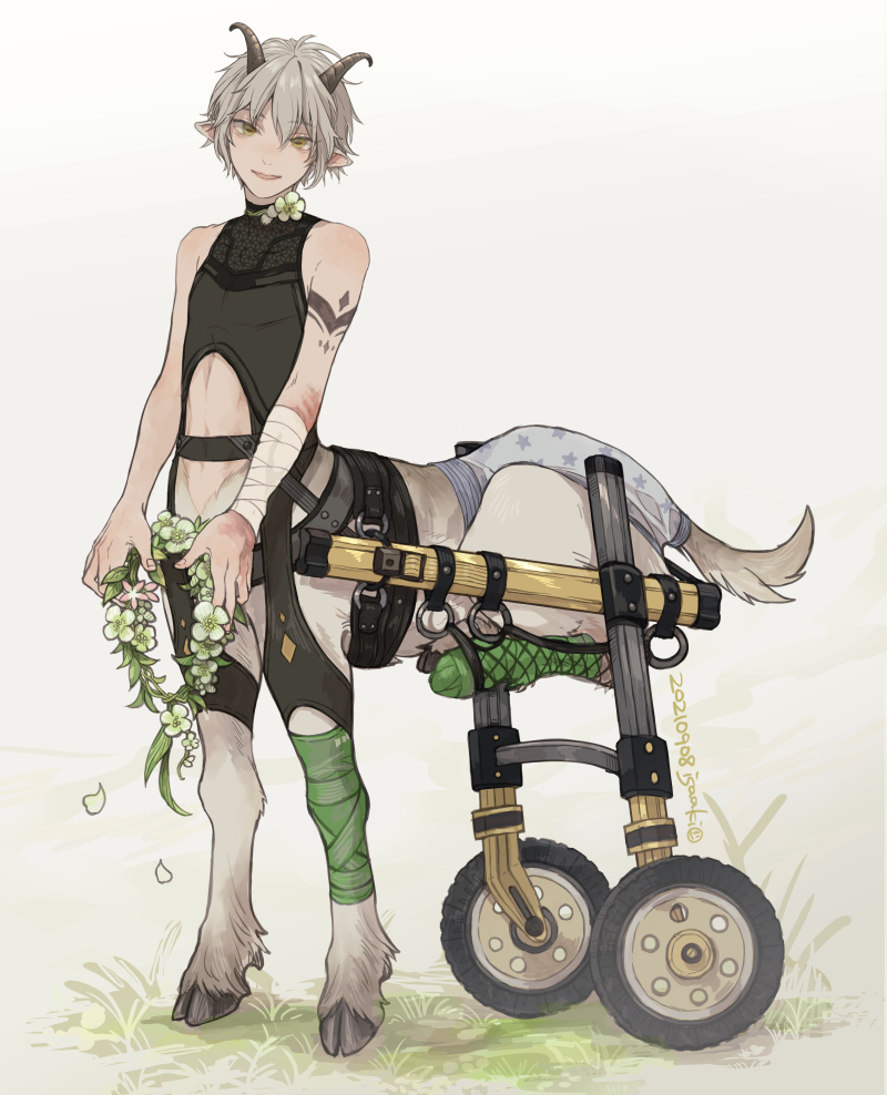1boy animal_ears arm_tattoo artist_name bandaged_arm bandaged_leg bandages bangs bare_shoulders centauroid center_opening commentary_request dated eyebrows_visible_through_hair flower_wreath full_body goat_ears goat_horns grass hair_between_eyes holding hooves horizontal_pupils horns injury isaaki looking_at_viewer male_focus monster_boy multiple_legs navel original parted_lips shadow short_hair silver_hair simple_background smile solo standing stomach tattoo taur toned toned_male wheelchair white_background yellow_eyes