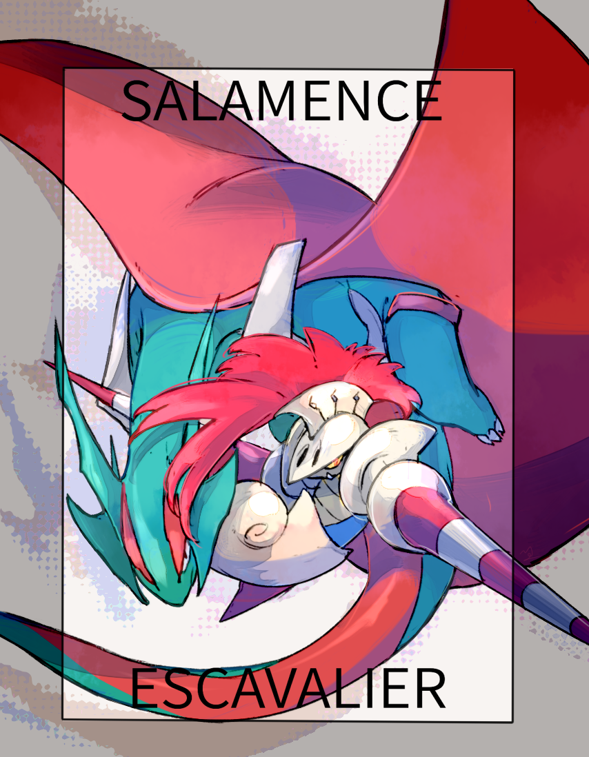 armor black_eyes border character_name claws commentary_request escavalier gen_3_pokemon gen_5_pokemon lance looking_at_viewer ngr_(nnn204204) no_humans plume pokemon pokemon_(creature) polearm salamence weapon