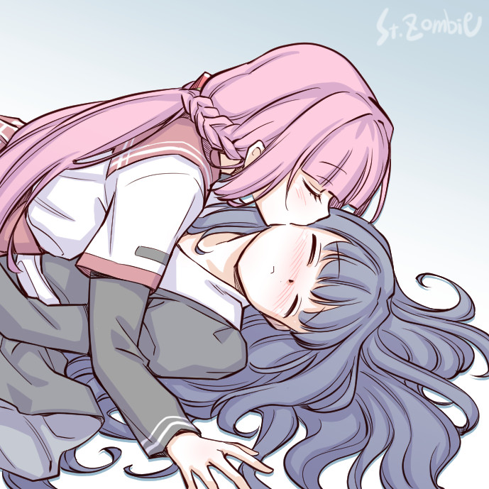 2girls artist_name blush braid girl_on_top hair_spread_out kiss kissing_cheek long_hair lying magia_record:_mahou_shoujo_madoka_magica_gaiden mahou_shoujo_madoka_magica multiple_girls nanami_yachiyo pink_hair school_uniform serafuku studiozombie tamaki_iroha upper_body yuri