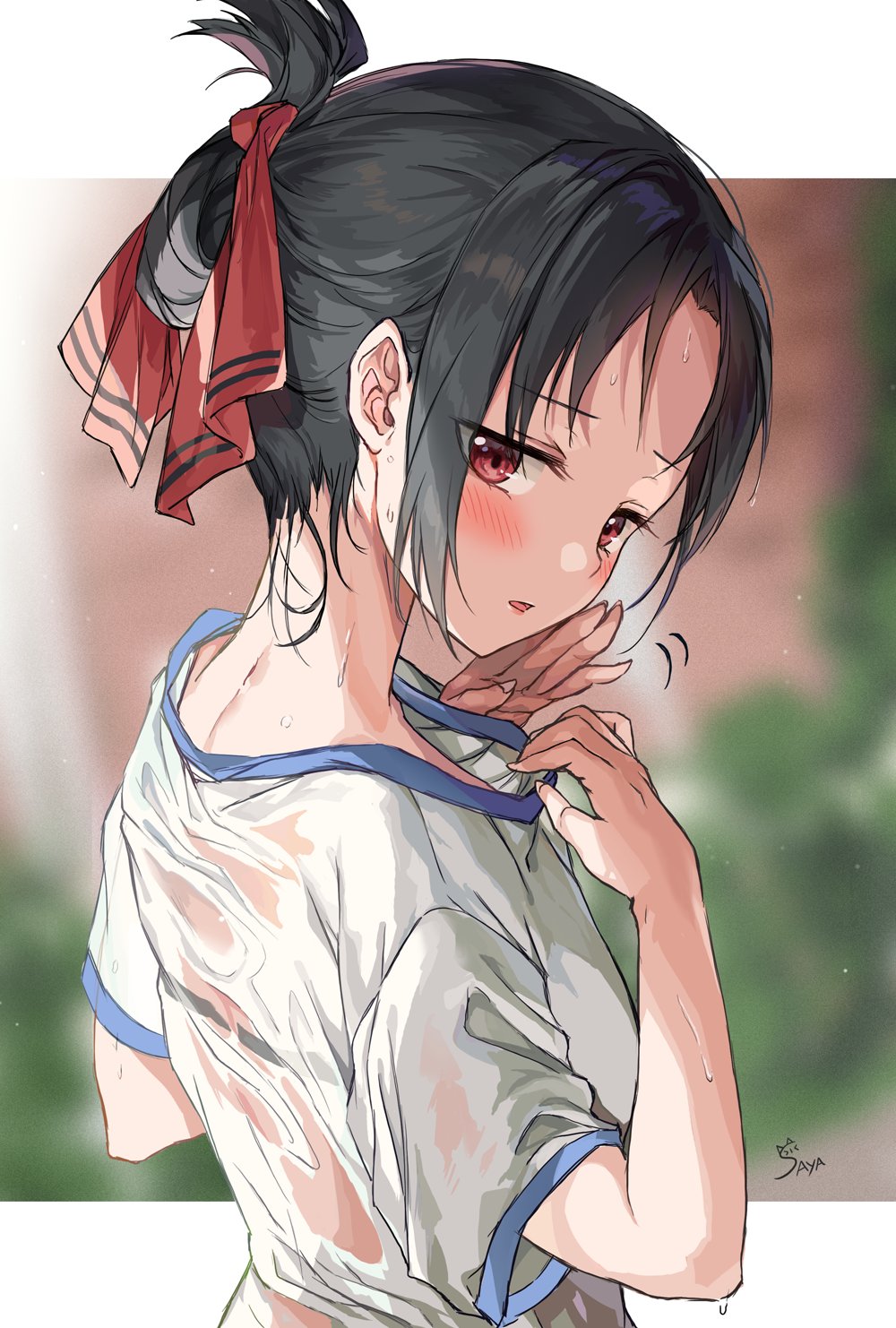 1girl artist_name black_hair blurry blurry_background blush bra bra_peek eyebrows_visible_through_hair fanning_self folded_ponytail from_behind gym_shirt gym_uniform hair_ribbon highres kaguya-sama_wa_kokurasetai_~tensai-tachi_no_renai_zunousen~ looking_at_viewer looking_back parted_lips red_eyes red_ribbon ribbon saya_(mychristian2) see-through_shirt shinomiya_kaguya shirt sidelocks solo sweat underwear upper_body wet wet_clothes wet_shirt white_shirt