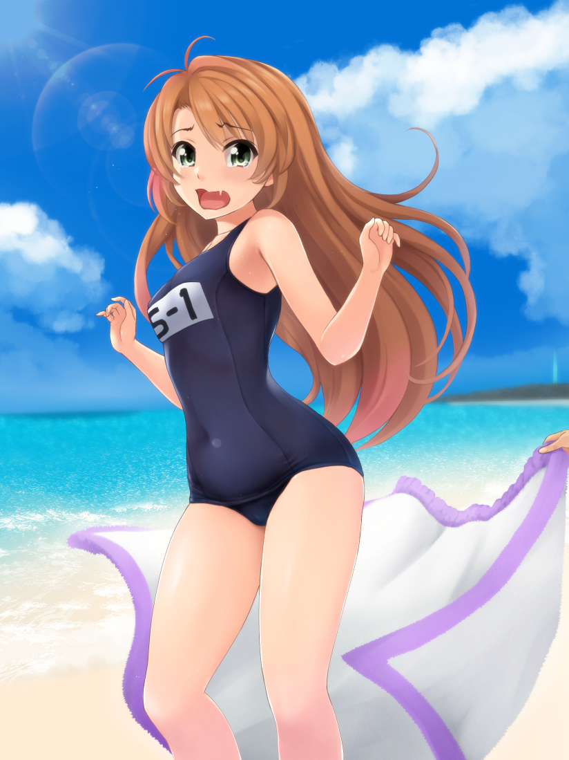 1girl antenna_hair bangs bare_arms bare_legs bare_shoulders black_swimsuit blue_sky breasts brown_hair clouds commentary_request covered_navel day eyebrows_visible_through_hair fang feet_out_of_frame green_eyes hands_up horizon koshigaya_komari long_hair medium_breasts non_non_biyori nonaka_ritsu ocean old_school_swimsuit open_mouth outdoors parted_bangs school_swimsuit sky solo_focus standing swimsuit towel very_long_hair water wavy_mouth