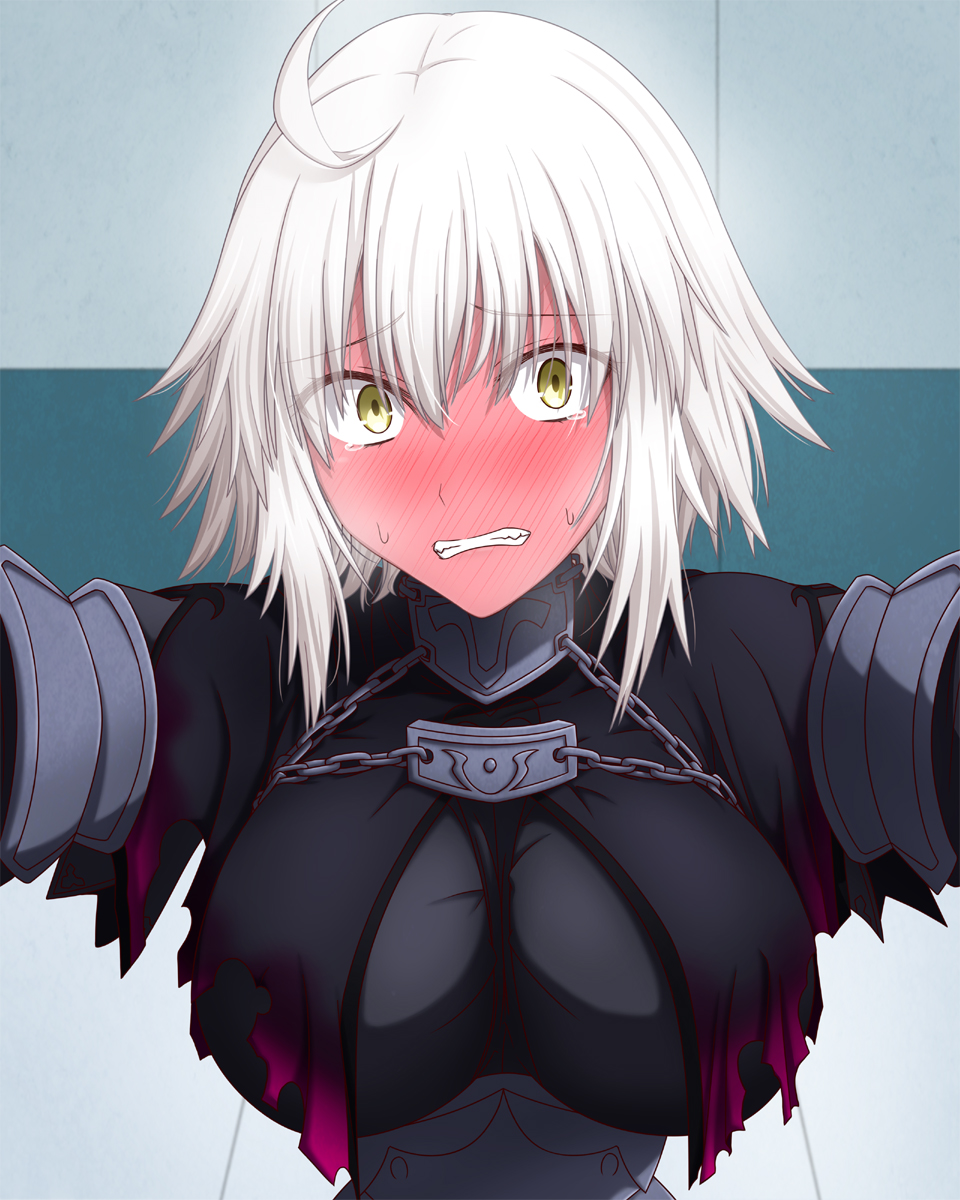 1girl ahoge black_cape blonde_hair blush breasts cape chain clenched_teeth embarrassed fate/grand_order fate_(series) feather_trim full-face_blush hasebe_akira highres jeanne_d'arc_(alter)_(fate) jeanne_d'arc_(fate)_(all) looking_at_viewer medium_breasts solo sweatdrop tearing_up teeth wall_slam yellow_eyes