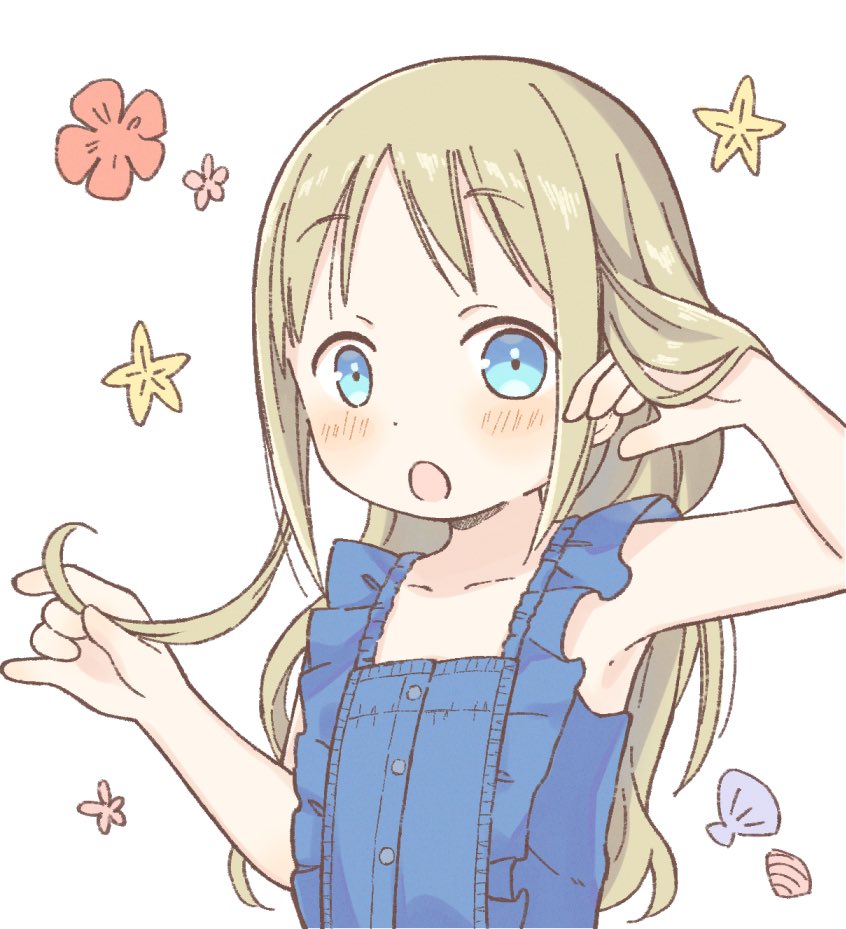 1girl ana_coppola armpits blonde_hair blue_dress blue_eyes dress hair_down ichigo_mashimaro nanoningen_(anapoko) open_mouth playing_with_own_hair sleeveless solo