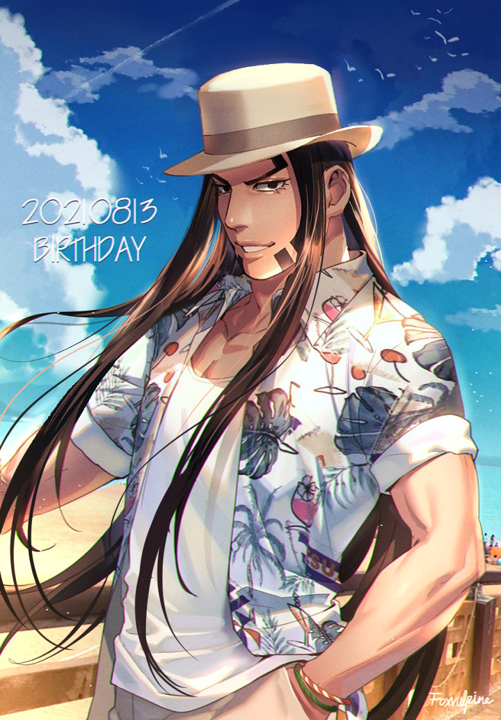 1boy artist_name birthday black_eyes black_hair blue_sky bracelet dated day facial_hair foxvulpine golden_kamuy hand_in_pocket hat hawaiian_shirt jewelry long_hair male_focus oosawa_fusatarou outdoors parted_lips shirt sky smile solo standing upper_body very_long_hair white_shirt