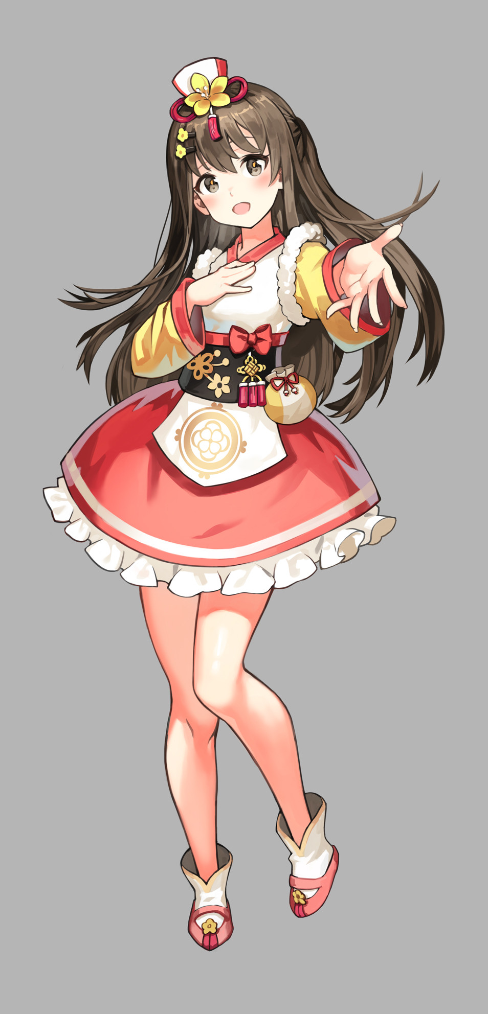 1girl :d bangs brown_eyes brown_hair chinese_new_year dress_shoes full_body girls_frontline grey_background hair_between_eyes hair_ornament hairpin hanbok hand_on_own_chest happy_new_year highres k2_(girls'_frontline) korean_clothes lim_jaejin long_hair long_sleeves looking_at_viewer new_year open_mouth outstretched_arm pouch simple_background smile solo