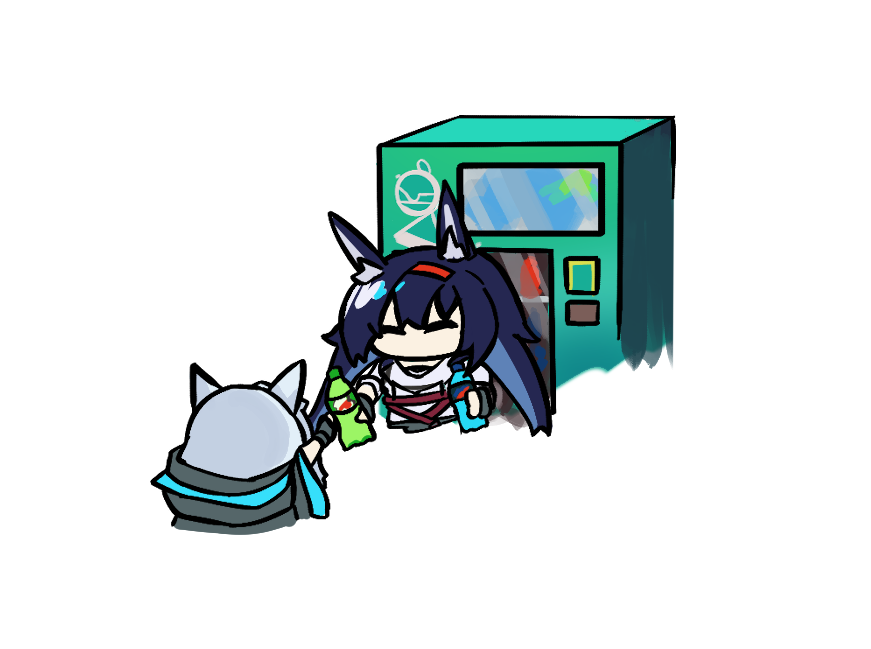 2girls animal_ears arknights bangs black_hair blaze_(arknights) bottle cat_ears cat_girl chibi cloak closed_eyes fingerless_gloves gloves hairband harlequin-wheels holding holding_bottle long_hair multiple_girls rosmontis_(arknights) silver_hair soda_bottle vending_machine