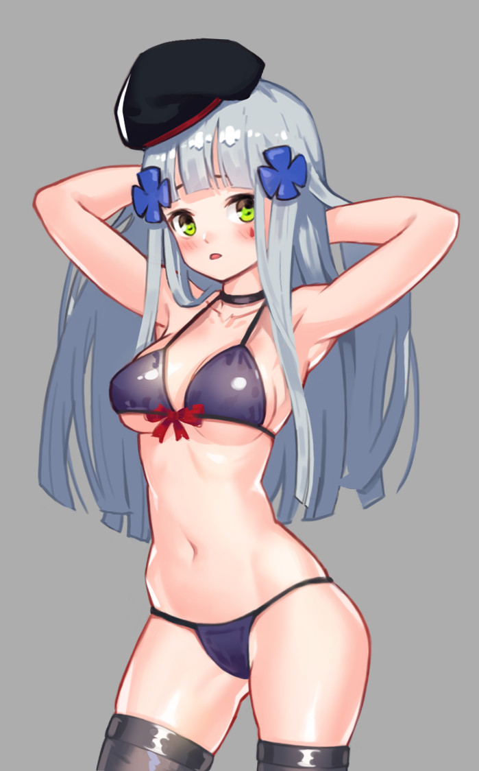 1girl :o armpits arms_up bangs beret bikini black_bikini black_headwear black_legwear girls_frontline green_eyes grey_background grey_hair hair_between_eyes hair_ornament hat hk416_(girls'_frontline) lim_jaejin long_hair looking_at_viewer navel open_mouth simple_background solo swimsuit teardrop_tattoo thigh-highs