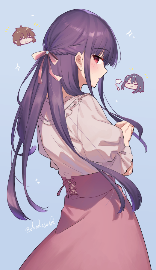 1girl asagami_fujino blue_background blush braid floating_hair french_braid from_behind grey_shirt hair_ribbon kara_no_kyoukai long_hair looking_at_viewer looking_back okakasushi parted_lips pink_ribbon pink_skirt profile purple_hair red_eyes ribbon shiny shiny_hair shirt signature skirt solo standing twitter_username very_long_hair