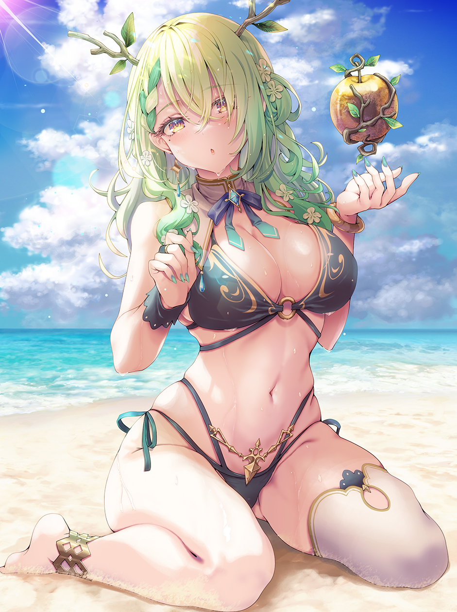 1girl antlers apple bangs beach bikini black_bikini branch breasts bridal_gauntlets ceres_fauna clouds cloudy_sky commentary_request day eyebrows_visible_through_hair flower food fruit full_body green_hair green_nails hair_flower hair_ornament highres hololive hololive_english kubota_masaki large_breasts long_hair looking_at_viewer mole mole_under_eye multi-strapped_bikini multicolored_hair nail_polish navel o-ring o-ring_bikini parted_lips single_bridal_gauntlet single_thighhigh sky solo standing stomach streaked_hair swimsuit thigh-highs virtual_youtuber white_legwear yellow_eyes