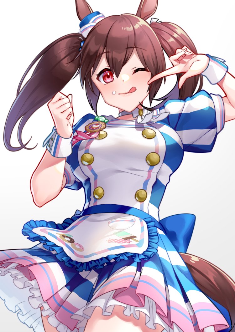 1girl :q akatsuki_(kuon) animal_ears apron bangs blue_bow blue_headwear blush bow breasts brown_hair cowboy_shot cream cream_on_face dress eyebrows_visible_through_hair food food_on_face frilled_apron frilled_dress frills hair_between_eyes hands_up hat hishi_akebono_(umamusume) horse_ears horse_girl horse_tail looking_at_viewer medium_breasts medium_hair mini_hat one_eye_closed pleated_skirt red_eyes ribbon short_sleeves skirt smile solo striped striped_dress tail tongue tongue_out twintails umamusume waist_apron white_apron white_headwear wrist_cuffs