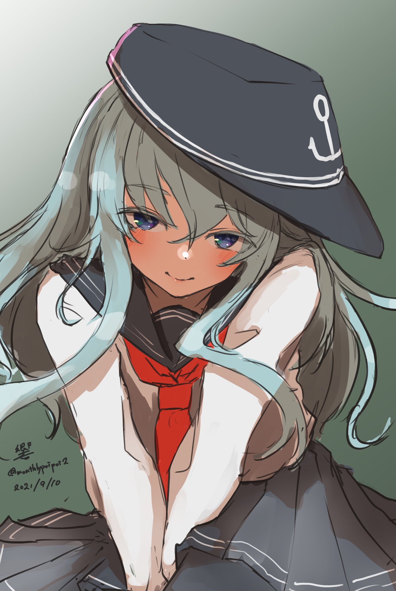 1girl anchor_symbol black_headwear black_sailor_collar black_skirt blue_eyes blush character_name closed_mouth dated eyebrows_visible_through_hair flat_cap hair_between_eyes hat hibiki_(kancolle) highres kantai_collection long_hair long_sleeves neckerchief pleated_skirt red_neckwear sailor_collar school_uniform serafuku silver_hair skirt smile solo twitter_username umibudou