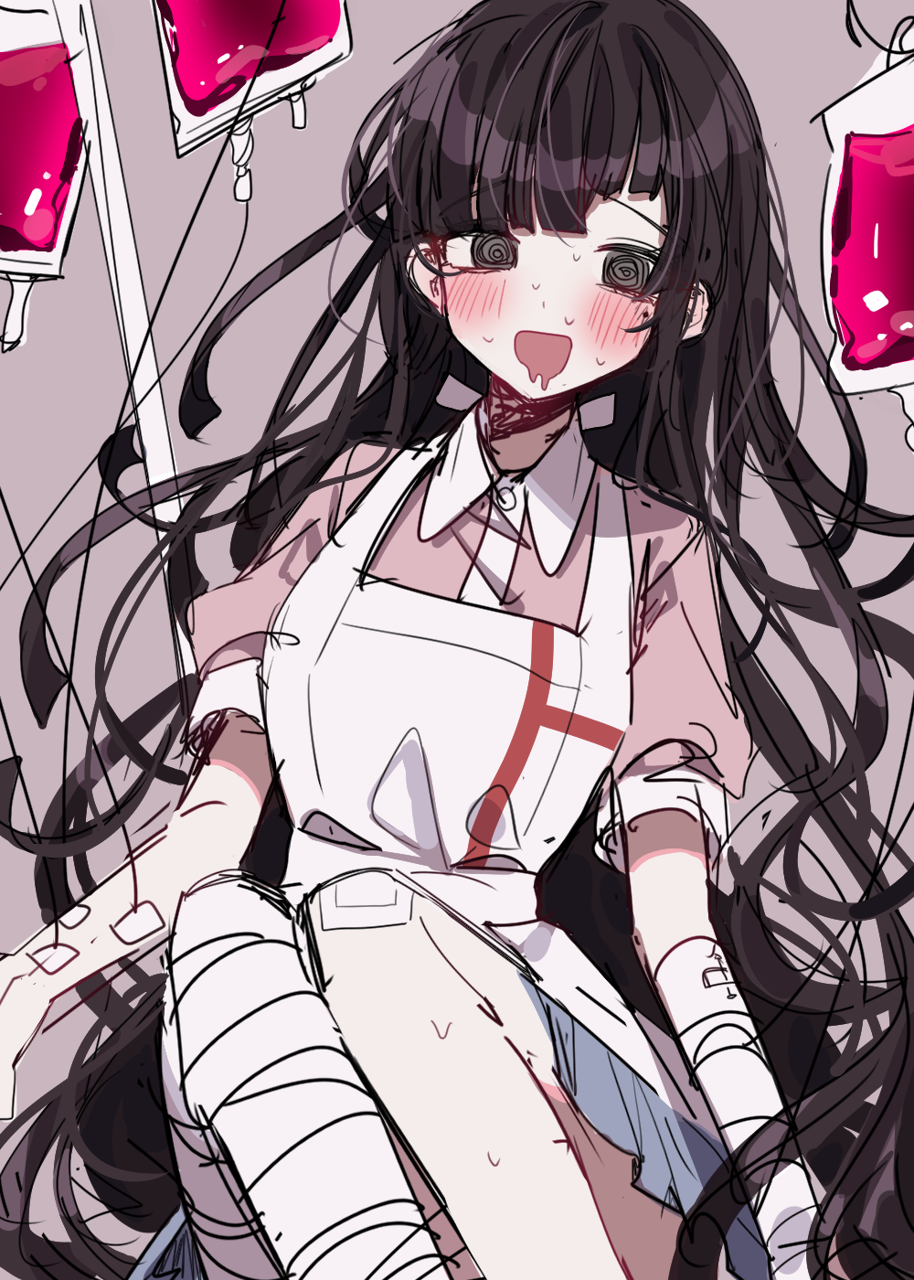 1girl apron bandaged_arm bandaged_leg bandages bangs black_hair blood blood_bag blue_skirt blunt_bangs blush collared_shirt commentary_request danganronpa_(series) danganronpa_2:_goodbye_despair dress eyebrows_visible_through_hair highres knees_up long_hair looking_at_viewer mole mole_under_eye nurse open_mouth patzzi pink_shirt shiny shiny_hair shirt short_sleeves simple_background sketch skirt solo tsumiki_mikan white_apron white_shirt