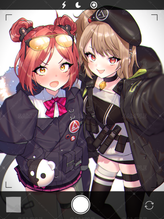 2girls alternate_hairstyle beret blush breasts choker commission double_bun girls_frontline hairstyle_switch hat headwear_switch light_brown_hair long_sleeves medium_breasts mp7_(girls'_frontline) multiple_girls p90_(girls'_frontline) phone_screen reaching_out red_eyes redhead selfie skeb_commission sweatdrop uhhgaoh yellow_eyes