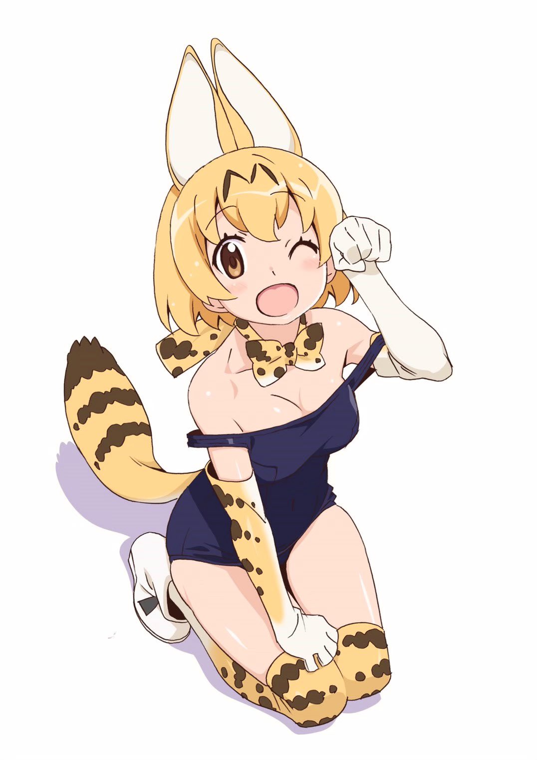 alternate_costume animal_ears bare_shoulders blonde_hair blue_swimsuit boots bow bowtie brown_hair cat_ears cat_girl cat_tail elbow_gloves eyebrows_visible_through_hair from_above gloves highres kemono_friends kneeling looking_at_viewer multicolored_hair one-piece_swimsuit one_eye_closed paw_pose print_gloves print_legwear print_neckwear school_swimsuit serval_(kemono_friends) serval_print sleeveless swimsuit tail thigh-highs watanabe_akio white_footwear yellow_eyes