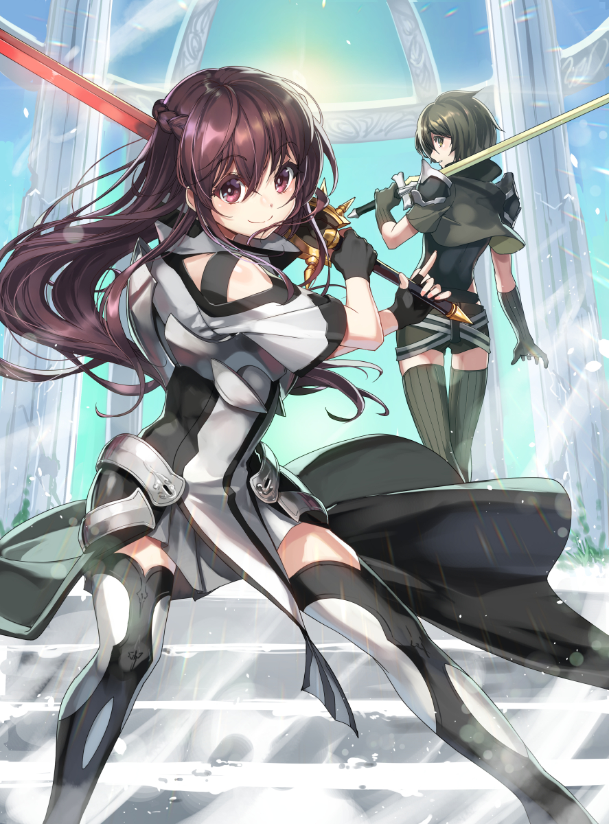 2girls armor black_gloves braid brown_eyes brown_hair capelet closed_mouth clothing_cutout column cover cover_page dai-xt feet_out_of_frame gloves green_eyes green_gloves green_hair green_legwear grey_legwear grey_skirt highres holding holding_weapon kuro_no_shoukanshi long_hair looking_at_viewer multiple_girls pillar short_hair short_shorts shorts shoulder_cutout skirt sky smile stairs standing sun sword thigh-highs weapon